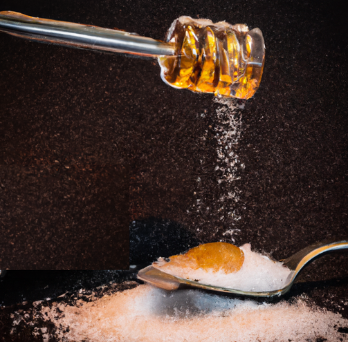 Ein Honiglöffel und ein Zuckerlöffel mit etwas Biohonig vermischt vor schwarzem Hintergrund.